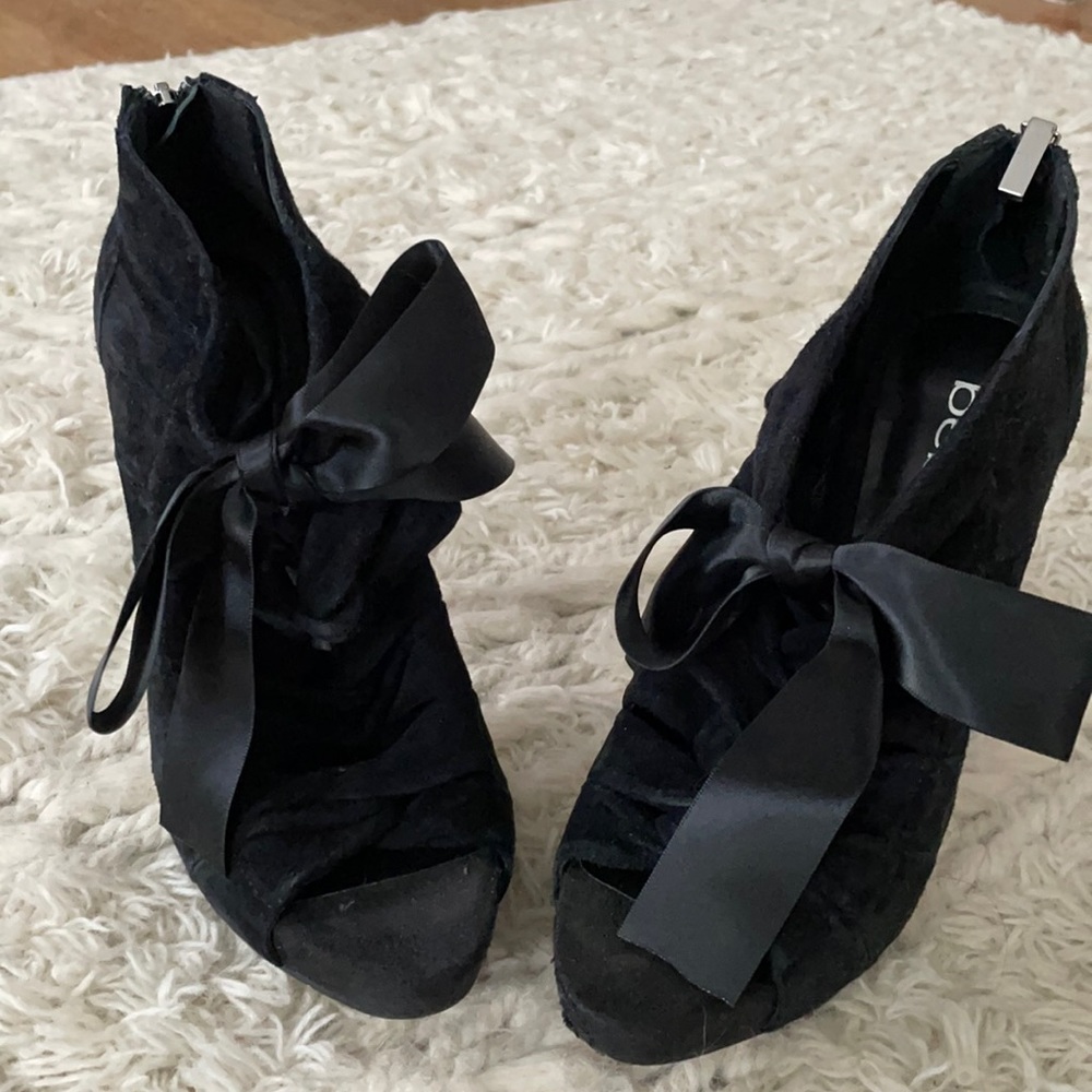 Black suede with bow tie at ankle heels